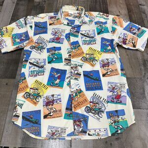 VTG 90s Acme Clothing Sports Shirt Bugs Bunny Daffy Taz Wild E Coyote Mens Large